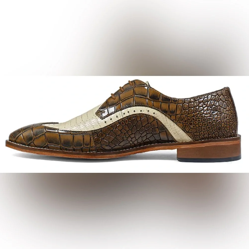 Stacy Adams Trazino Mustard Multi Crocodile-Lizard Print Leather Wingtip Oxford